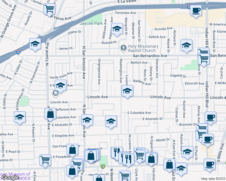 map of restaurants, bars, coffee shops, grocery stores, and more near 1289 Joshua Lane in Pomona