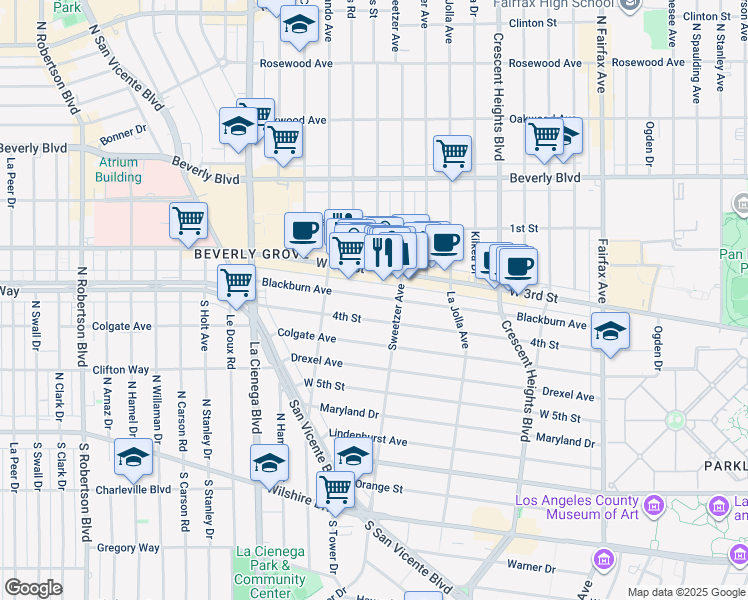 map of restaurants, bars, coffee shops, grocery stores, and more near 8326 Blackburn Avenue in Los Angeles