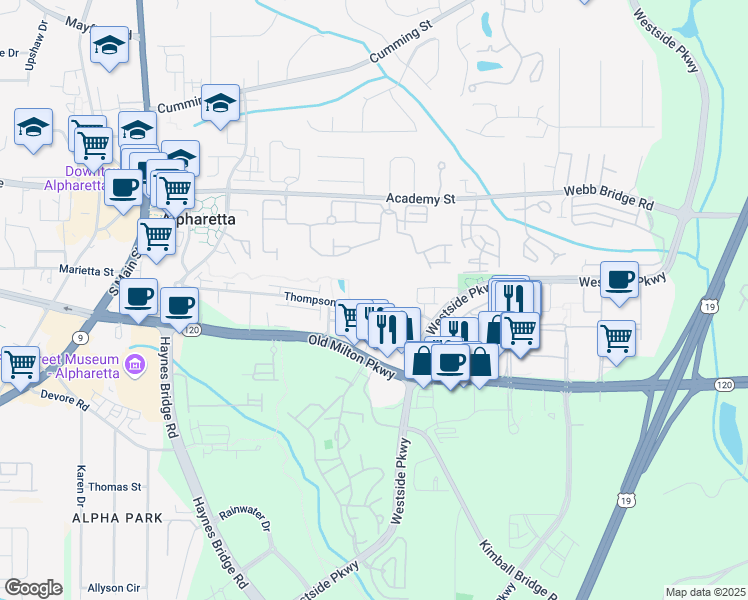 map of restaurants, bars, coffee shops, grocery stores, and more near 272 Thompson Street in Alpharetta