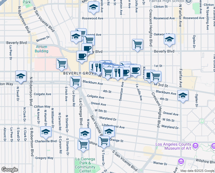 map of restaurants, bars, coffee shops, grocery stores, and more near 8360 Blackburn Avenue in Los Angeles