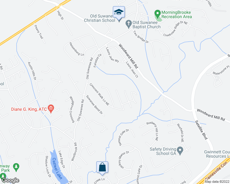 map of restaurants, bars, coffee shops, grocery stores, and more near 3685 Crescent Walk Lane Northeast in Suwanee