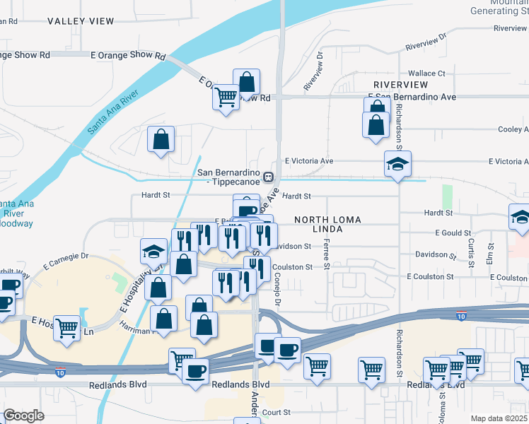 map of restaurants, bars, coffee shops, grocery stores, and more near 1585 South Tippecanoe Avenue in San Bernardino