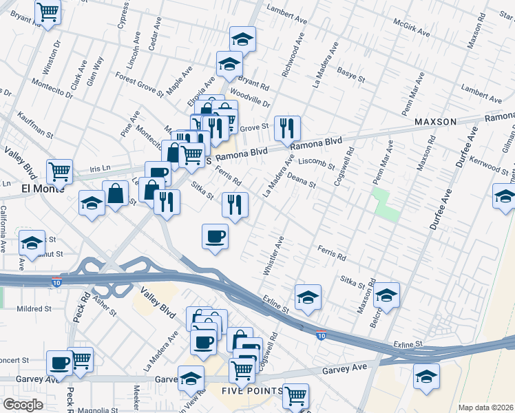 map of restaurants, bars, coffee shops, grocery stores, and more near 3614 La Madera Avenue in El Monte