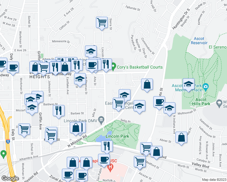 map of restaurants, bars, coffee shops, grocery stores, and more near 3711 Baldwin Street in Los Angeles