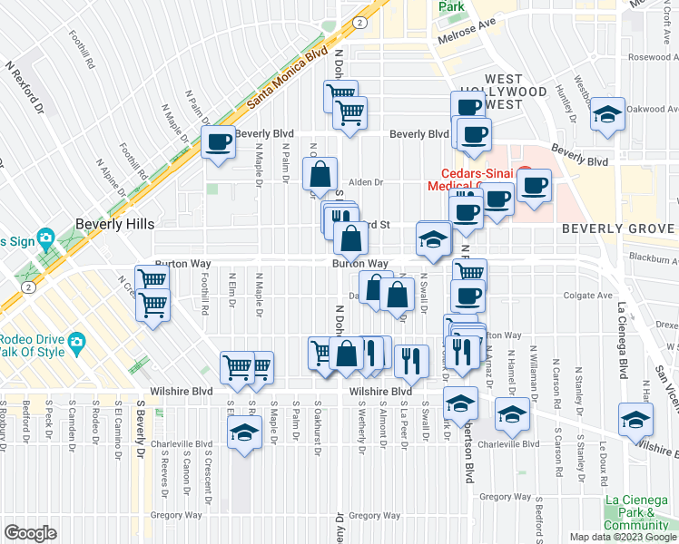 map of restaurants, bars, coffee shops, grocery stores, and more near North Doheny Drive in Beverly Hills