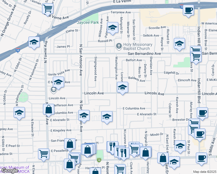 map of restaurants, bars, coffee shops, grocery stores, and more near 1289 Joshua Lane in Pomona