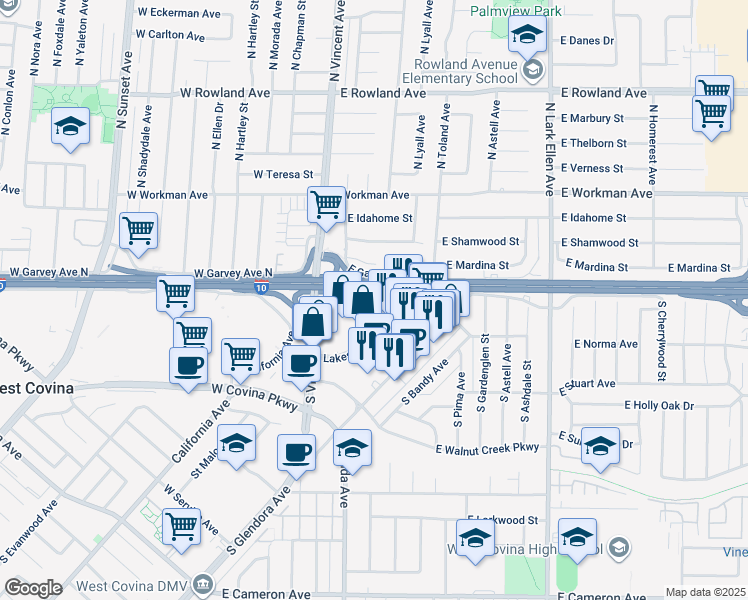 map of restaurants, bars, coffee shops, grocery stores, and more near 1000 Lakes Drive in West Covina