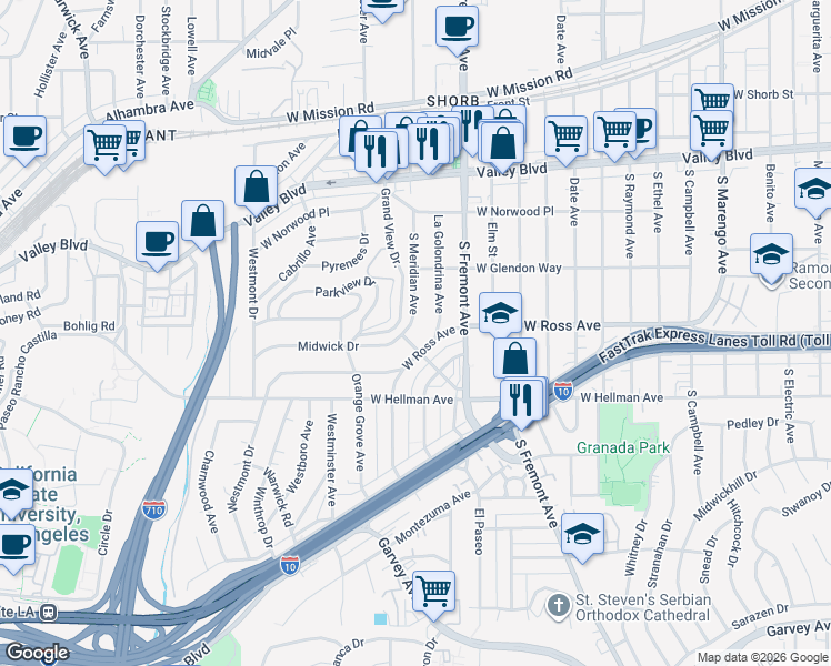 map of restaurants, bars, coffee shops, grocery stores, and more near 1906 South Meridian Avenue in Alhambra