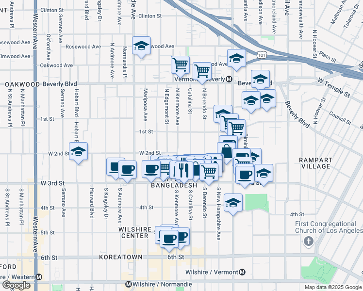 map of restaurants, bars, coffee shops, grocery stores, and more near 132 South Kenmore Avenue in Los Angeles