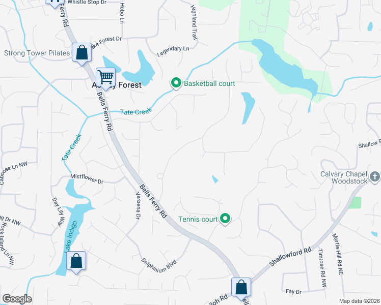 map of restaurants, bars, coffee shops, grocery stores, and more near 525 John Tate Road Northwest in Acworth