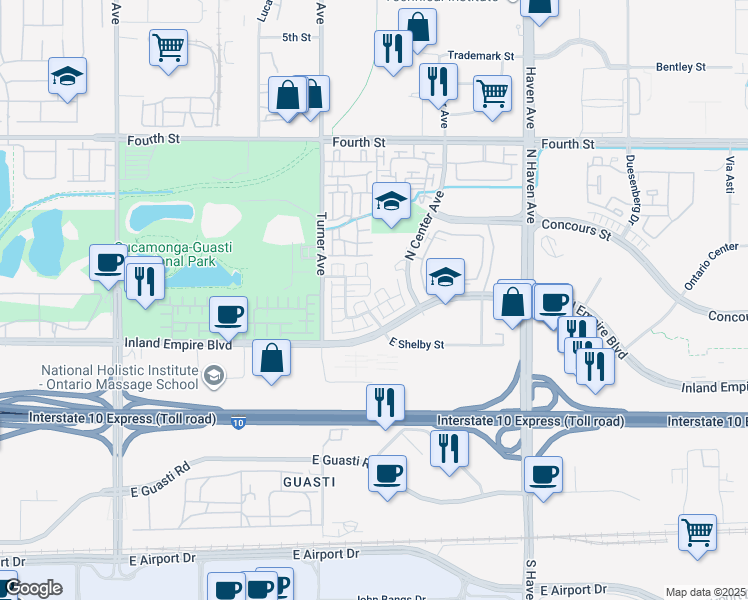 map of restaurants, bars, coffee shops, grocery stores, and more near 3221 Inland Empire Boulevard in Ontario