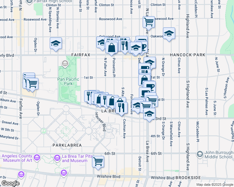 map of restaurants, bars, coffee shops, grocery stores, and more near 160 South Poinsettia Place in Los Angeles