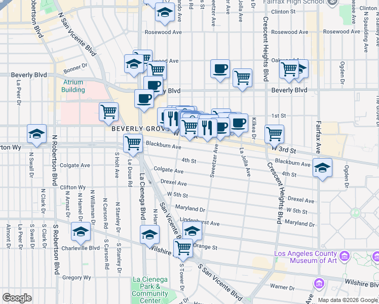 map of restaurants, bars, coffee shops, grocery stores, and more near 8371 Blackburn Avenue in Los Angeles