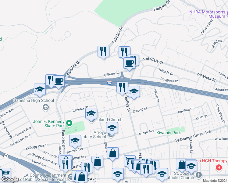 map of restaurants, bars, coffee shops, grocery stores, and more near 1574 Club Drive in Pomona