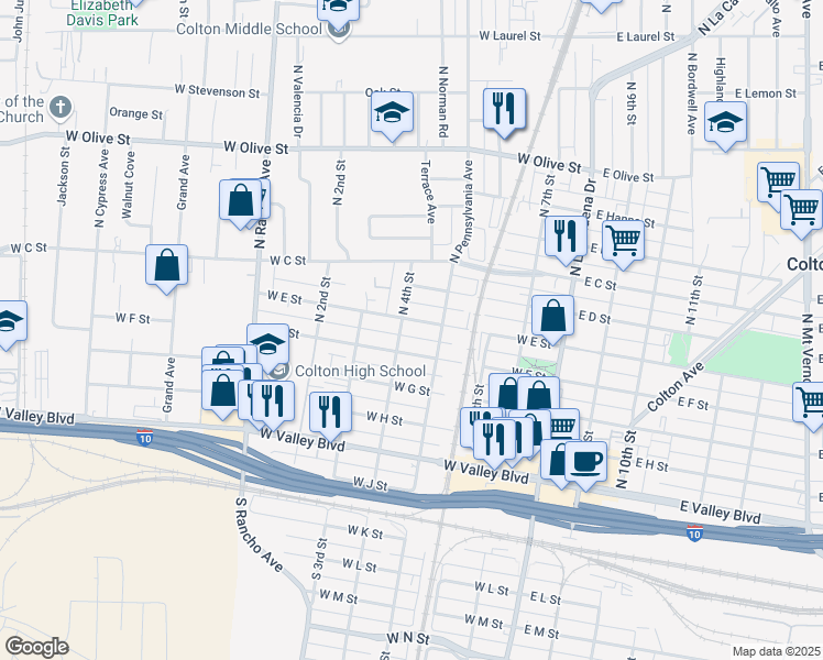 map of restaurants, bars, coffee shops, grocery stores, and more near in Colton