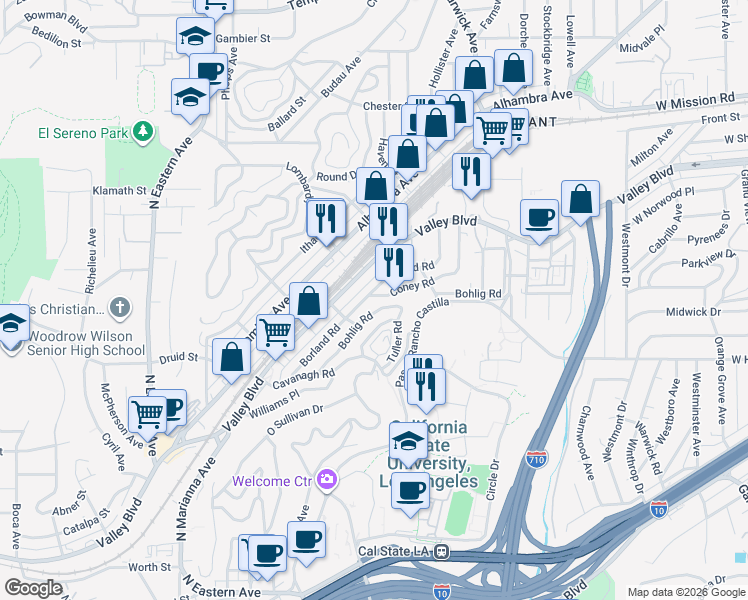 map of restaurants, bars, coffee shops, grocery stores, and more near 5204 Coney Road in Los Angeles