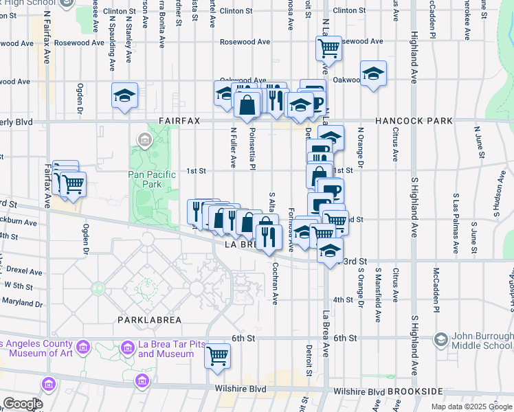 map of restaurants, bars, coffee shops, grocery stores, and more near 160 South Poinsettia Place in Los Angeles