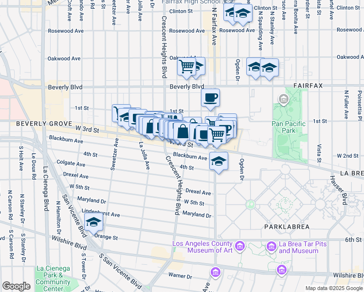 map of restaurants, bars, coffee shops, grocery stores, and more near 161s Laurel Avenue in Los Angeles