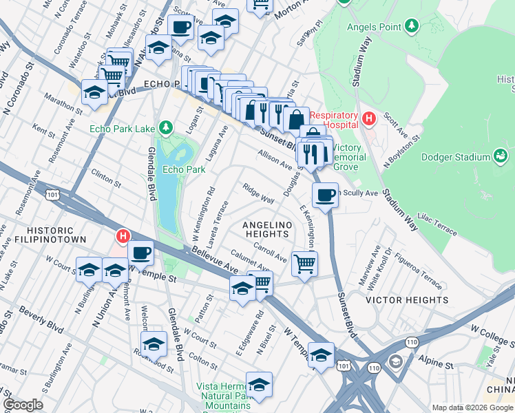 map of restaurants, bars, coffee shops, grocery stores, and more near 1046 West Edgeware Road in Los Angeles