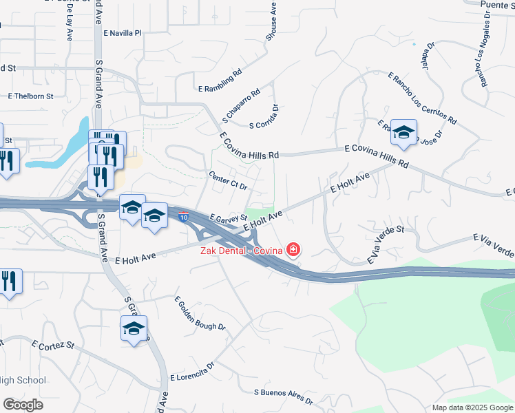 map of restaurants, bars, coffee shops, grocery stores, and more near 970 South Village Oaks Drive in Covina