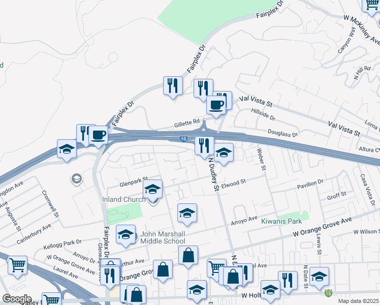 map of restaurants, bars, coffee shops, grocery stores, and more near 1574 Club Drive in Pomona