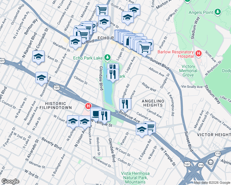 map of restaurants, bars, coffee shops, grocery stores, and more near 712 Echo Park Avenue in Los Angeles