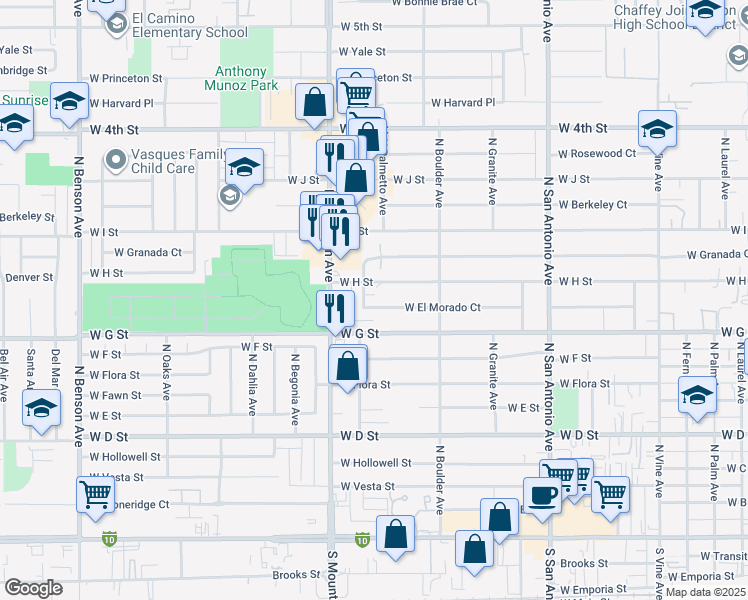 map of restaurants, bars, coffee shops, grocery stores, and more near 1016 West El Morado Court in Ontario