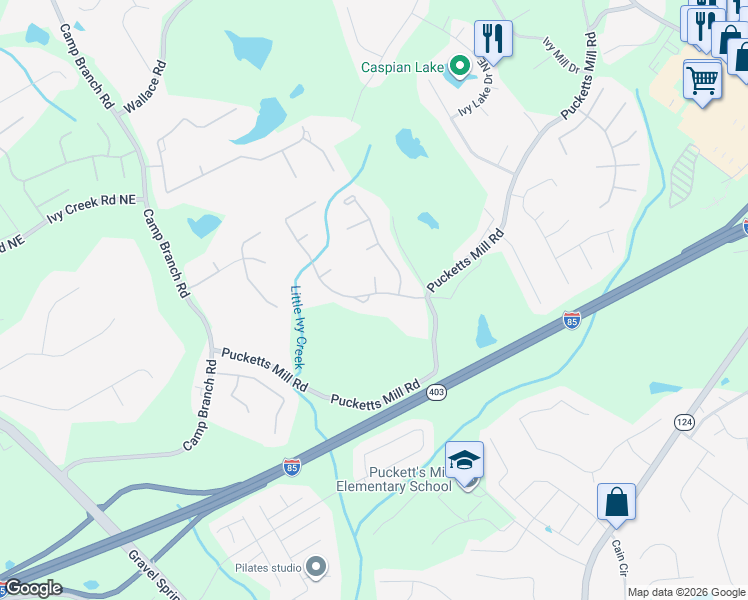 map of restaurants, bars, coffee shops, grocery stores, and more near 2925 Ivy Brook Lane Northeast in Buford