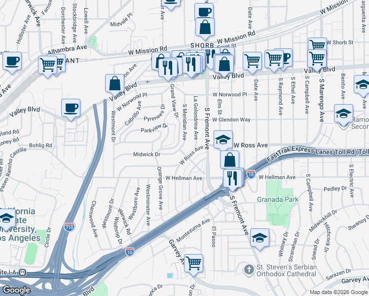 map of restaurants, bars, coffee shops, grocery stores, and more near 1906 South Meridian Avenue in Alhambra
