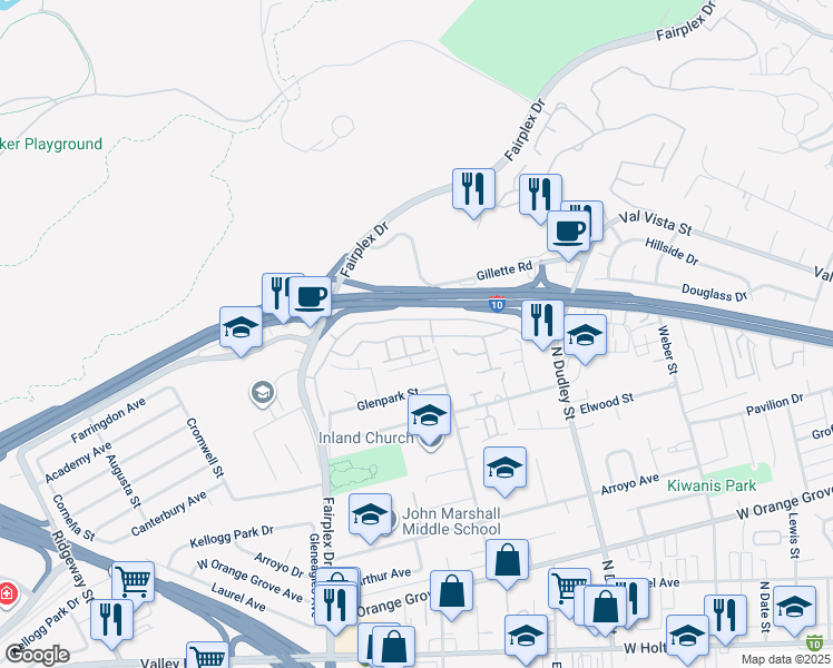 map of restaurants, bars, coffee shops, grocery stores, and more near 1721 Home Terrace in Pomona
