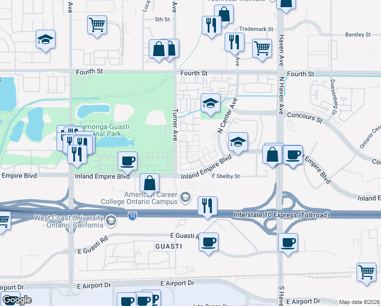 map of restaurants, bars, coffee shops, grocery stores, and more near 746 North Corvette Drive in Ontario