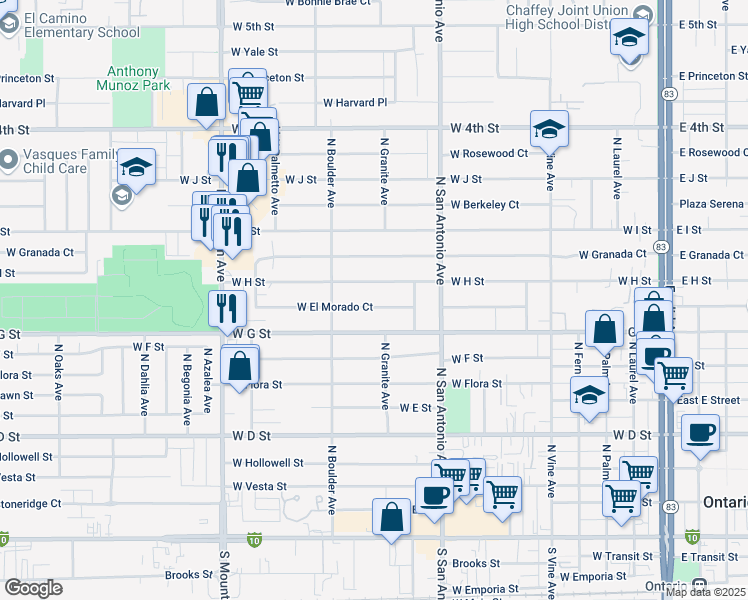 map of restaurants, bars, coffee shops, grocery stores, and more near 768 West H Street in Ontario