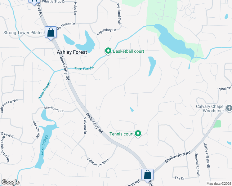 map of restaurants, bars, coffee shops, grocery stores, and more near 485 John Tate Road Northwest in Acworth