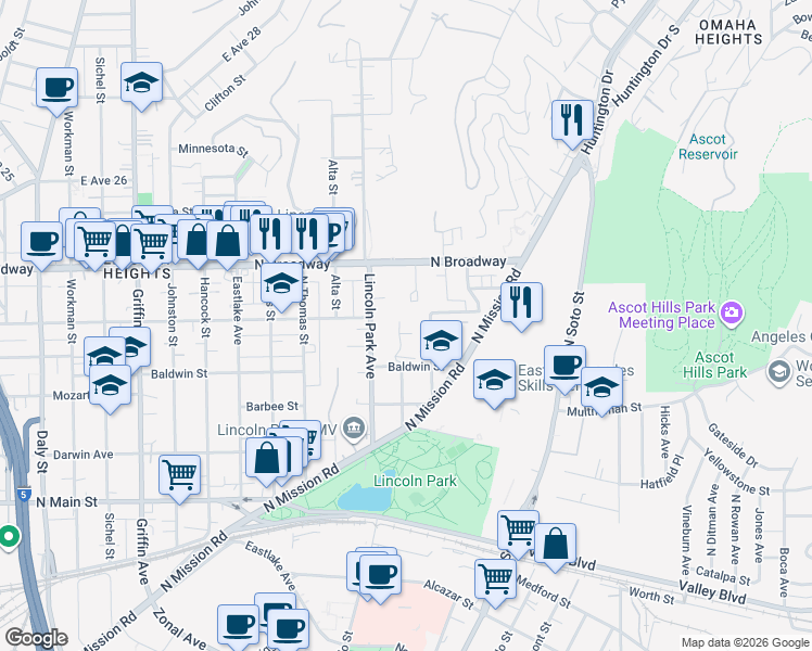map of restaurants, bars, coffee shops, grocery stores, and more near 2315 Holgate Square in Los Angeles