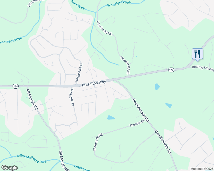 map of restaurants, bars, coffee shops, grocery stores, and more near 5214 Sunlake Drive in Hoschton