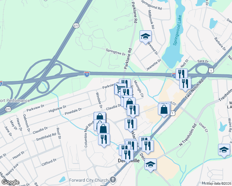 map of restaurants, bars, coffee shops, grocery stores, and more near 2138 Cresthill Drive in Columbia