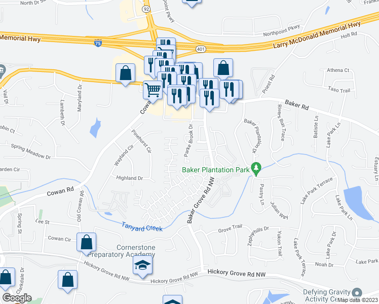 map of restaurants, bars, coffee shops, grocery stores, and more near 4946 Parke Brook Drive in Acworth