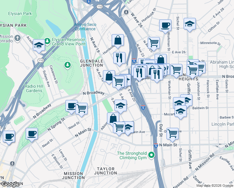 map of restaurants, bars, coffee shops, grocery stores, and more near 1909 North Broadway in Los Angeles