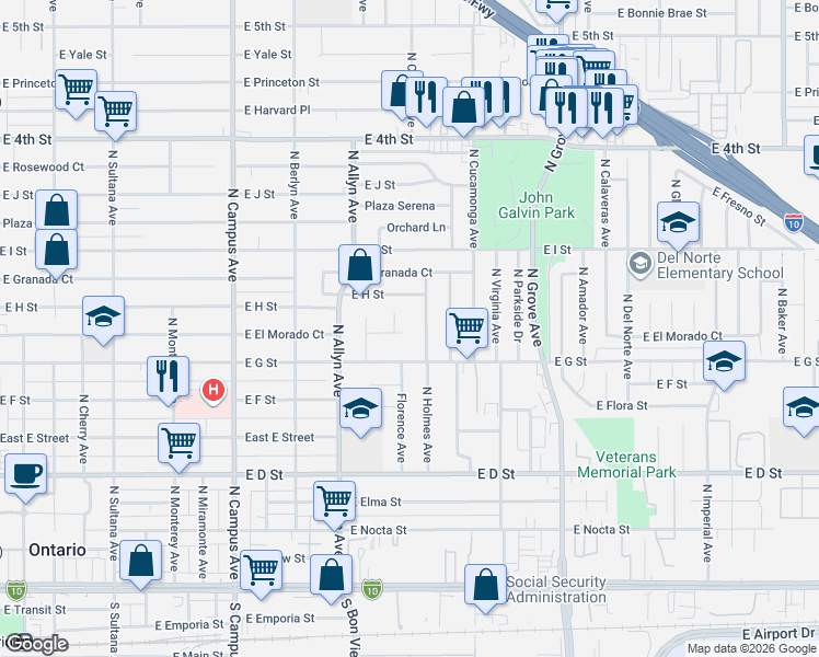 map of restaurants, bars, coffee shops, grocery stores, and more near 968 East H Street in Ontario