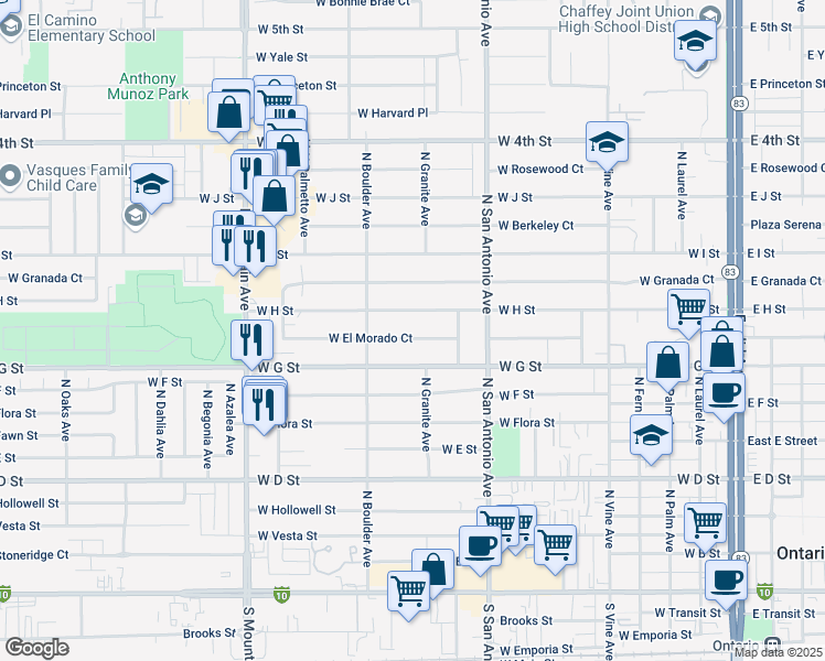 map of restaurants, bars, coffee shops, grocery stores, and more near 768 West H Street in Ontario