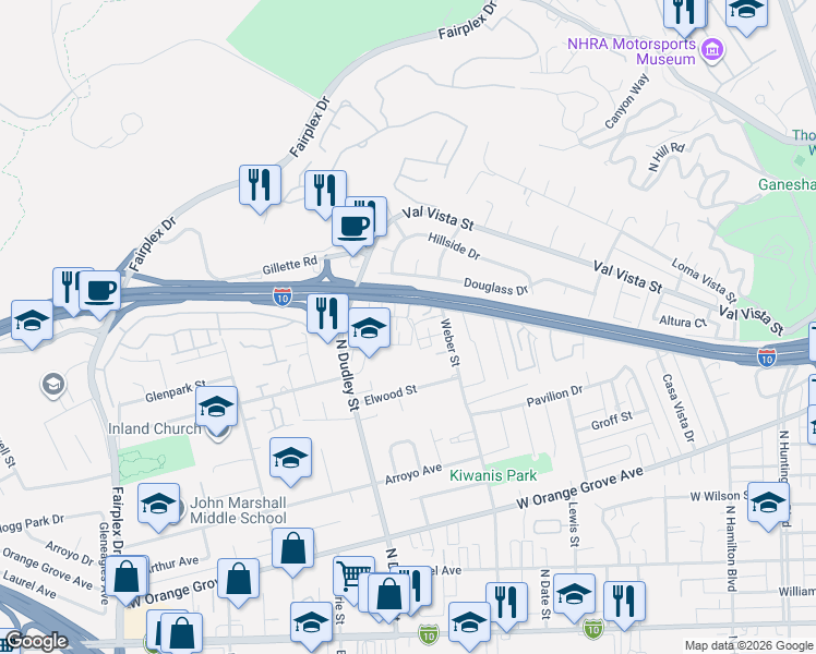 map of restaurants, bars, coffee shops, grocery stores, and more near 1413 Cirrus Court in Pomona