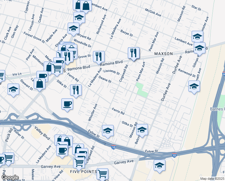 map of restaurants, bars, coffee shops, grocery stores, and more near 11914 Deana Street in El Monte