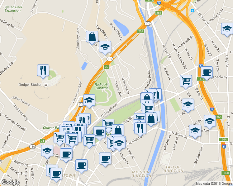 map of restaurants, bars, coffee shops, grocery stores, and more near 460 Solano Avenue in Los Angeles