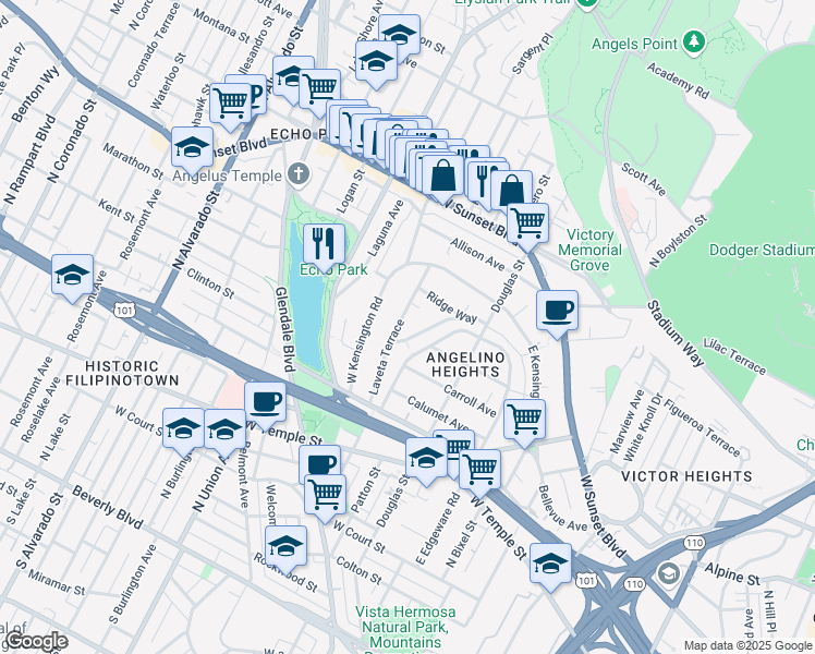 map of restaurants, bars, coffee shops, grocery stores, and more near 843 Laveta Terrace in Los Angeles