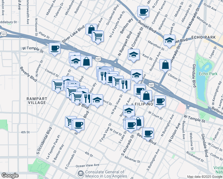 map of restaurants, bars, coffee shops, grocery stores, and more near 309 North Coronado Street in Los Angeles