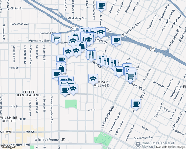 map of restaurants, bars, coffee shops, grocery stores, and more near 134 South Commonwealth Avenue in Los Angeles