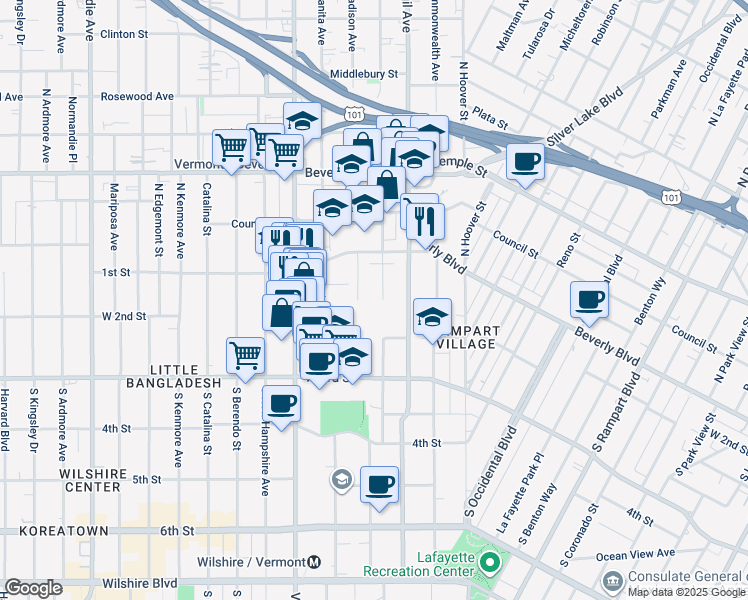 map of restaurants, bars, coffee shops, grocery stores, and more near 129 South Westmoreland Avenue in Los Angeles
