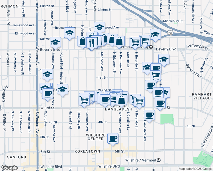 map of restaurants, bars, coffee shops, grocery stores, and more near 110 South Mariposa Avenue in Los Angeles