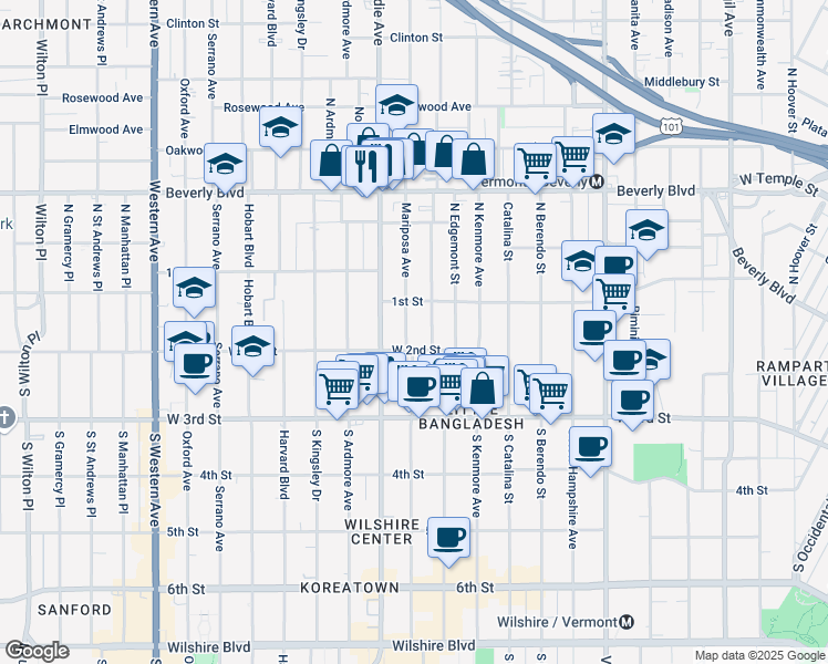map of restaurants, bars, coffee shops, grocery stores, and more near 110 South Mariposa Avenue in Los Angeles