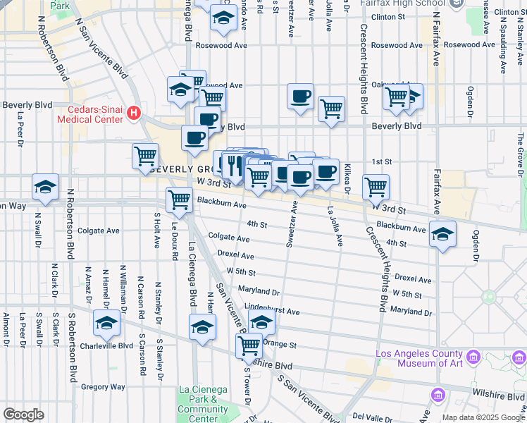 map of restaurants, bars, coffee shops, grocery stores, and more near 8371 Blackburn Avenue in Los Angeles